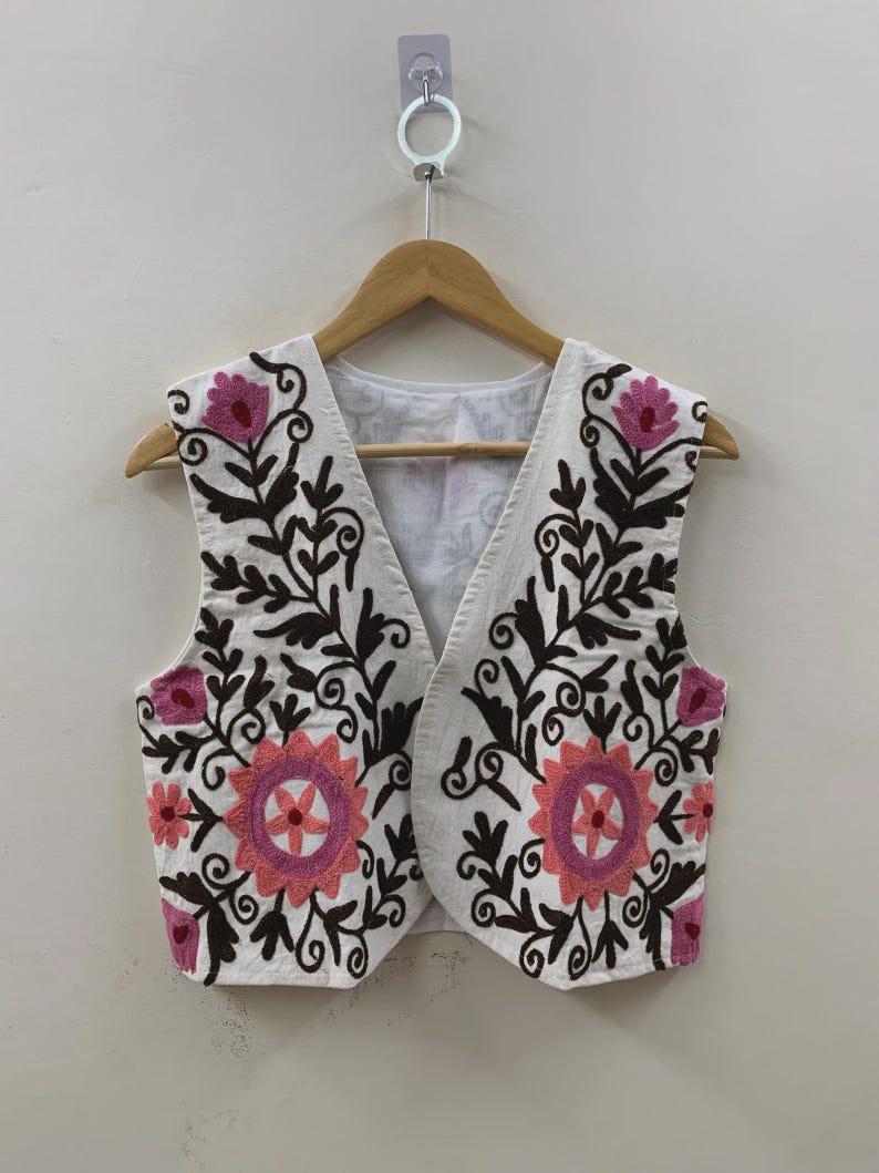 Hand-Embroidered Suzani Velvet Vest: Boho Floral Waistcoat, Cotton Lined Jacket Bohozani