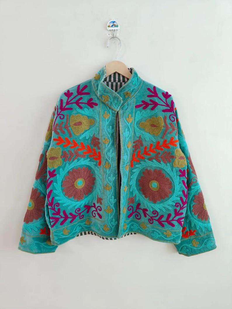 Velvet Suzani Embroidered Jacket | Bohemian Floral Uzbek Outerwear, Cropped Fit Bohozani