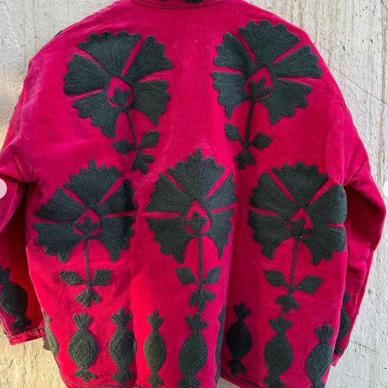 Pink Velvet Suzani Duster Jacket | Embroidered Uzbek Coat Bohozani