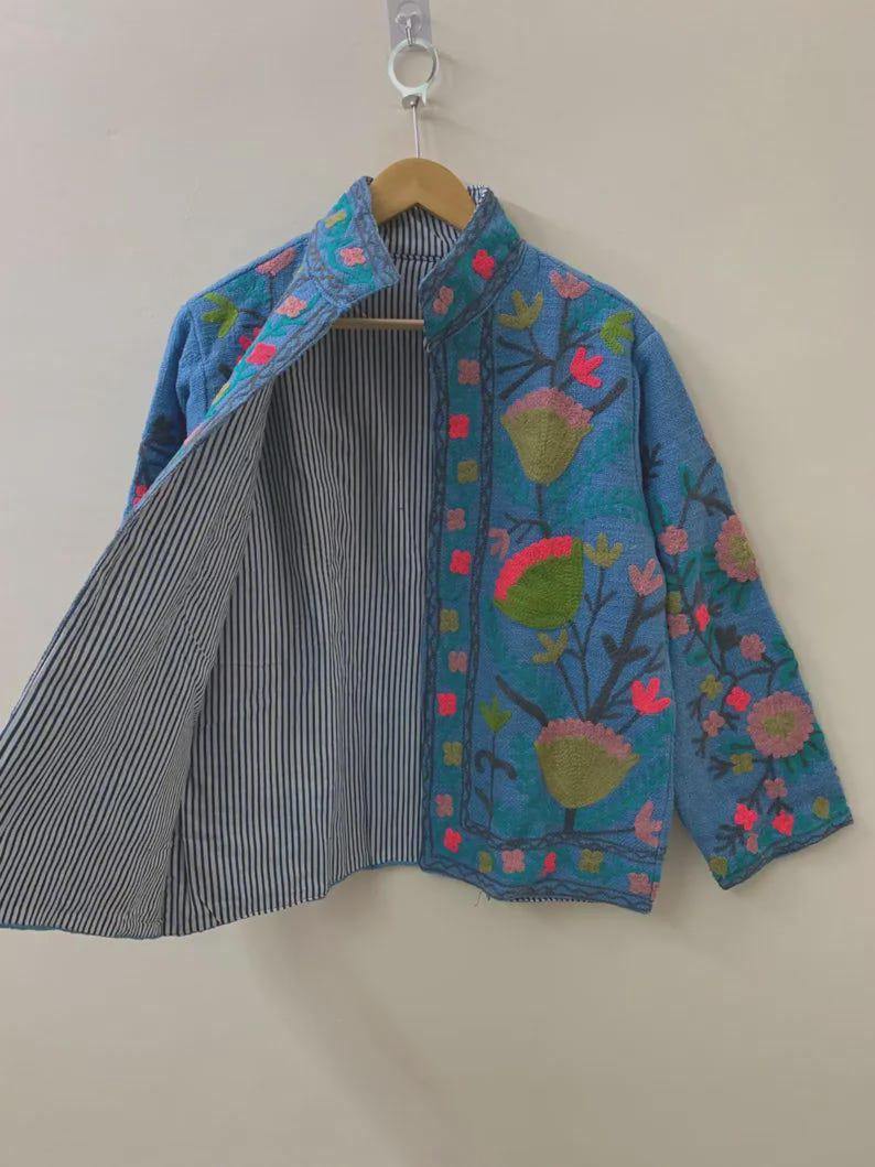 Embroidered Cotton Velvet Suzani Jacket, Bohemian Floral Folk Art Coat Bohozani
