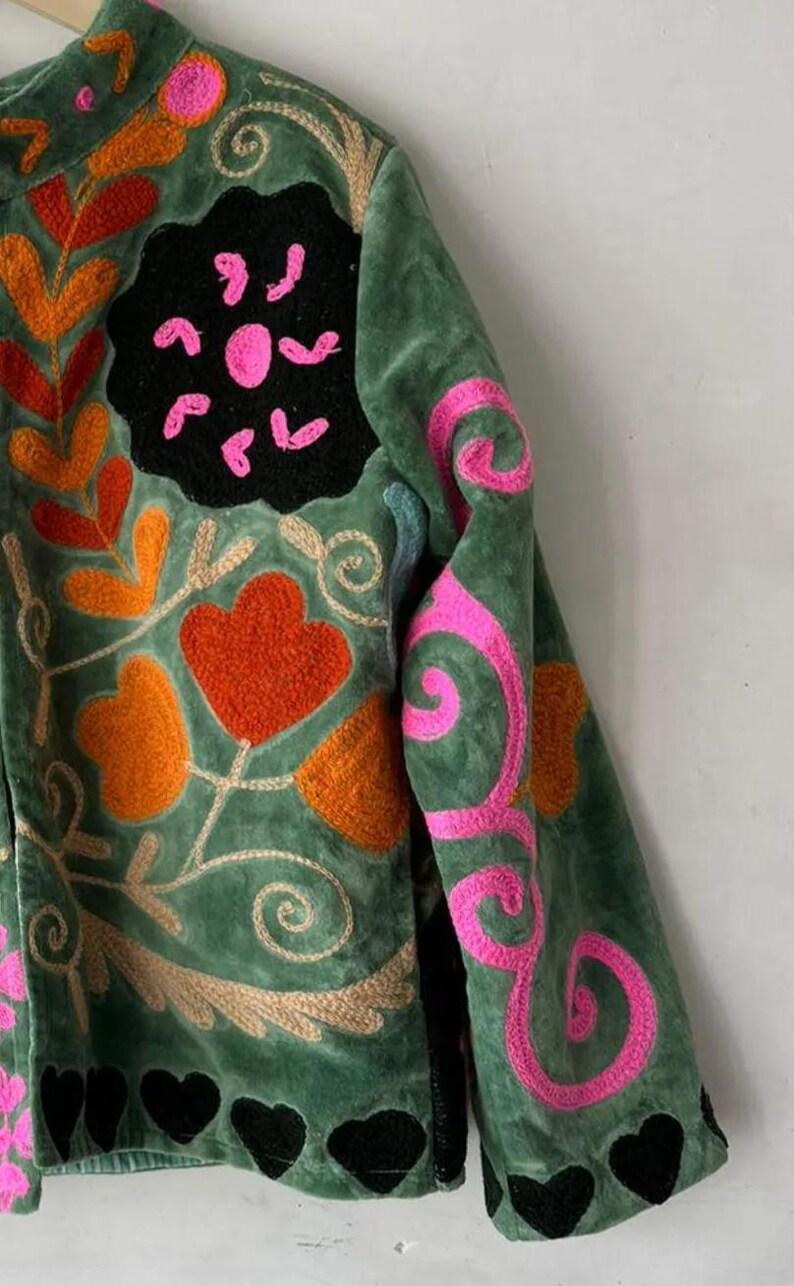 Green Velvet Suzani Embroidered Jacket | Boho Floral Cropped Coat Bohozani