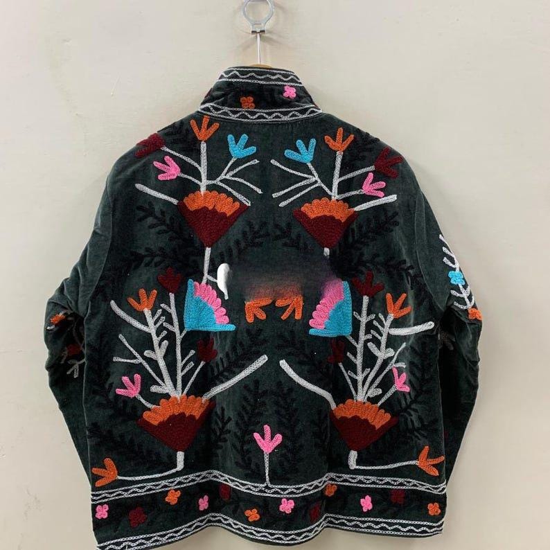 Embroidered Velvet Kimono Jacket | Suzani Floral Boho Outerwear Bohozani