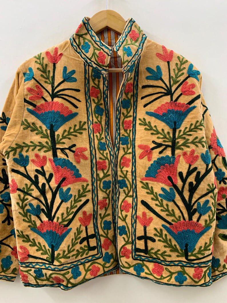 Hand-Embroidered Suzani Velvet Jacket | Floral Bohemian Coat Bohozani