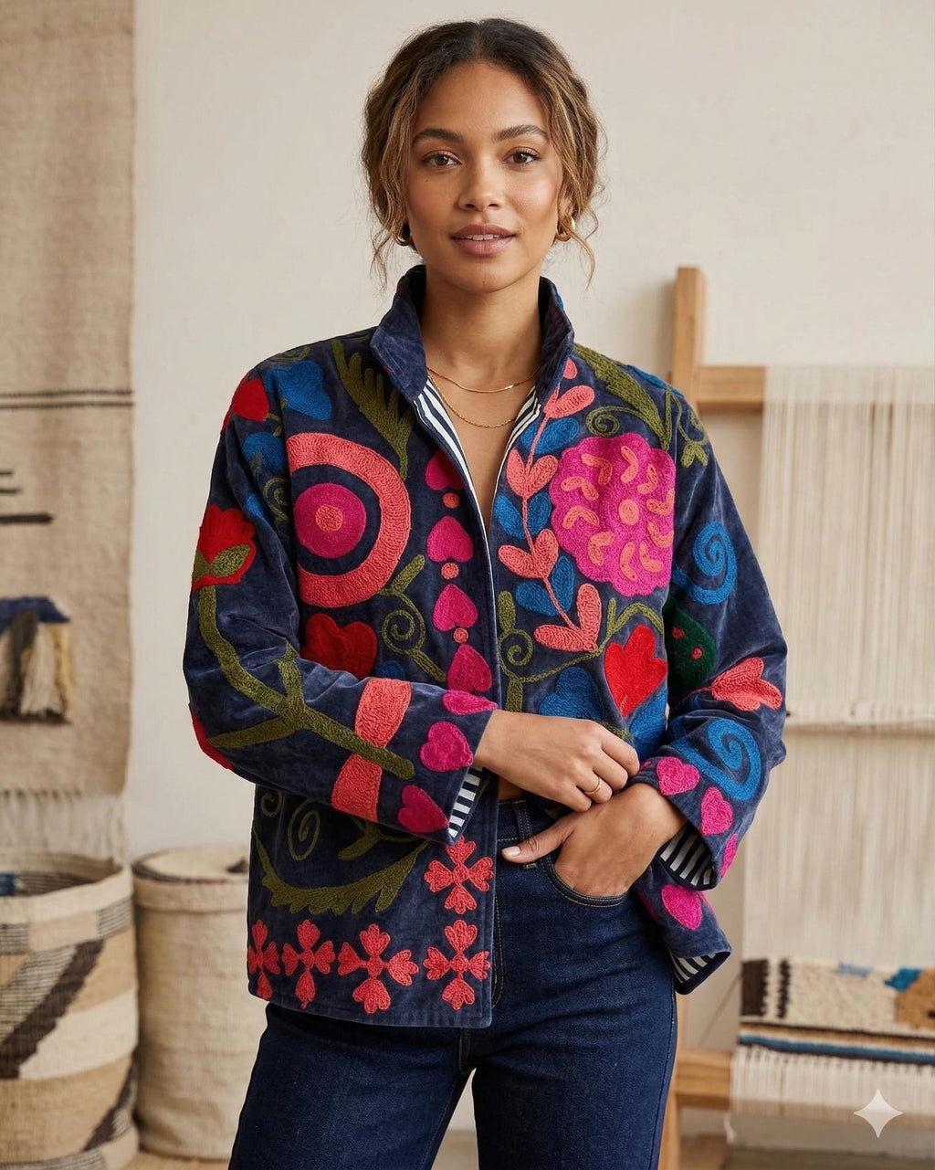 Vintage Suzani Velvet Jacket | Uzbek Floral Embroidered Boho Coat Bohozani