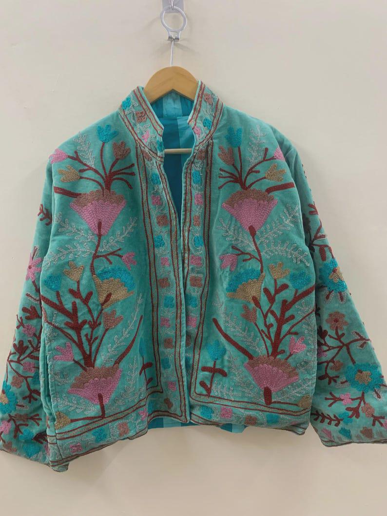 Green Velvet Floral Suzani Embroidered Jacket | Uzbek Boho Festival Duster Outerwear Bohozani
