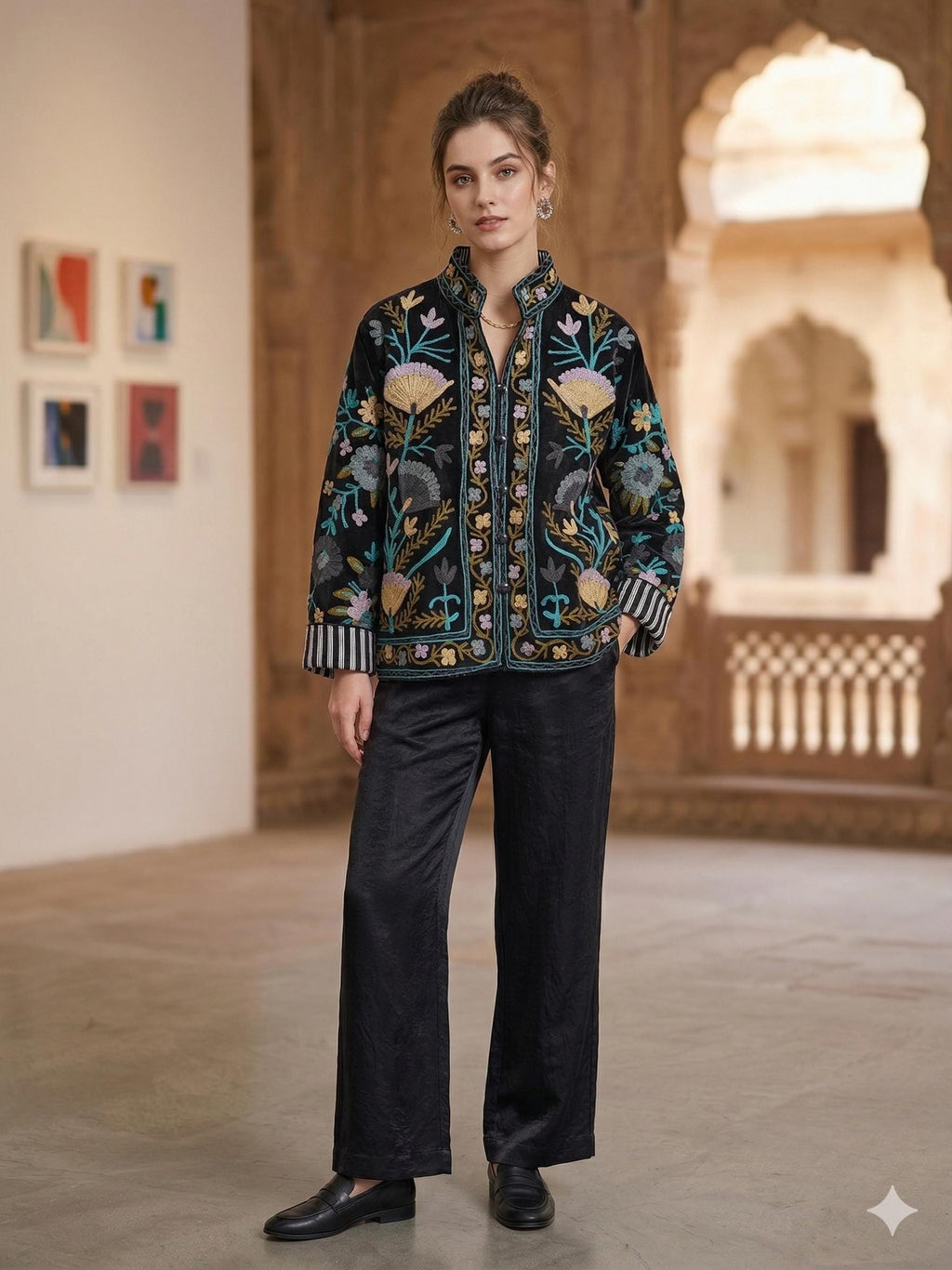 Embroidered Velvet Cropped Jacket | Colorful Suzani Floral Outerwear Bohozani