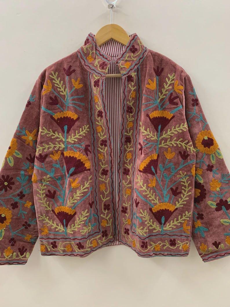 Suzani Embroidered Velvet Jacket | Handmade Cropped Bohemian Outerwear Bohozani