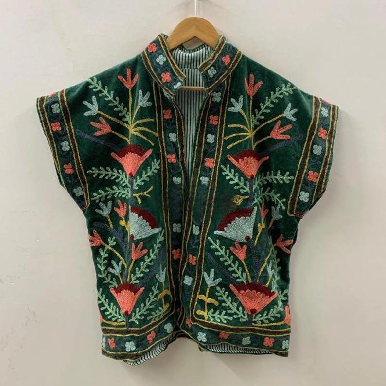 Embroidered Velvet Suzani Vest with Belt – Boho Festival Waistcoat Jacket Bohozani