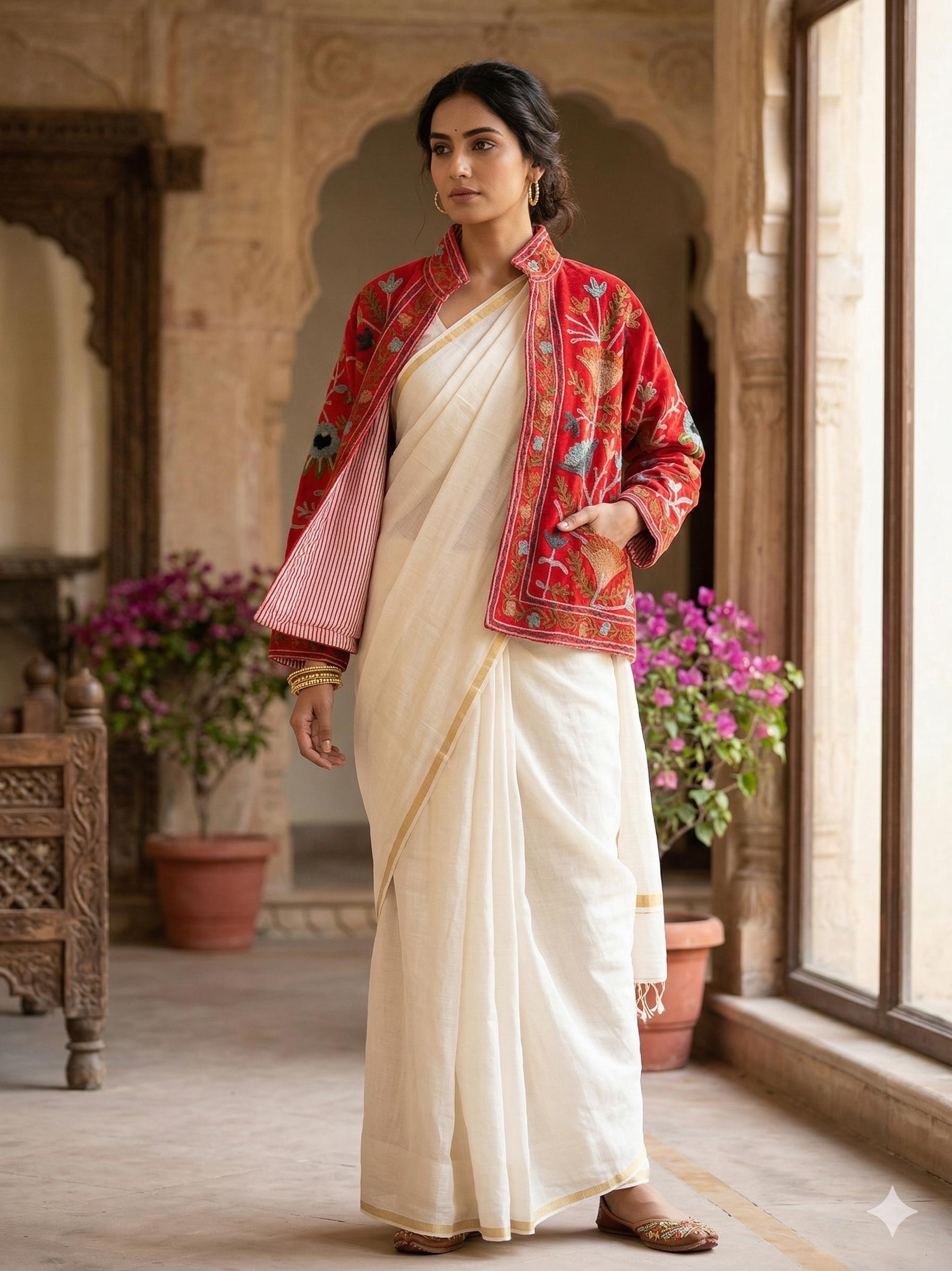 Handmade Orange Velvet Suzani Embroidered Jacket Bohozani