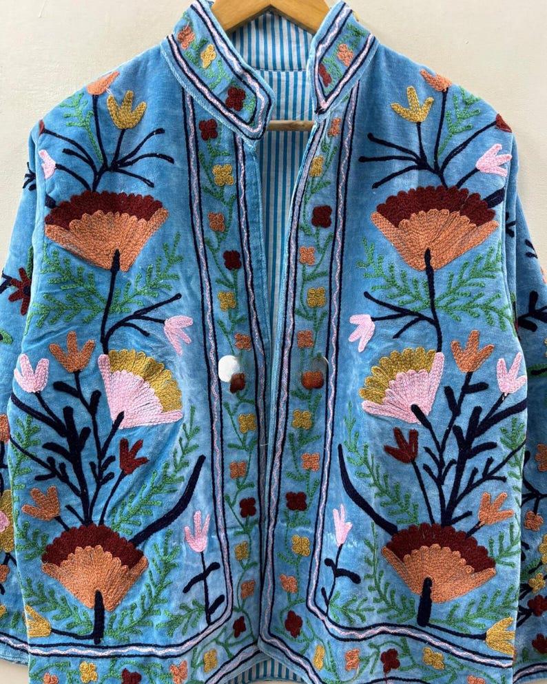 Sky Blue Handmade Floral Red Velvet Suzani Embroidered Jacket Bohozani