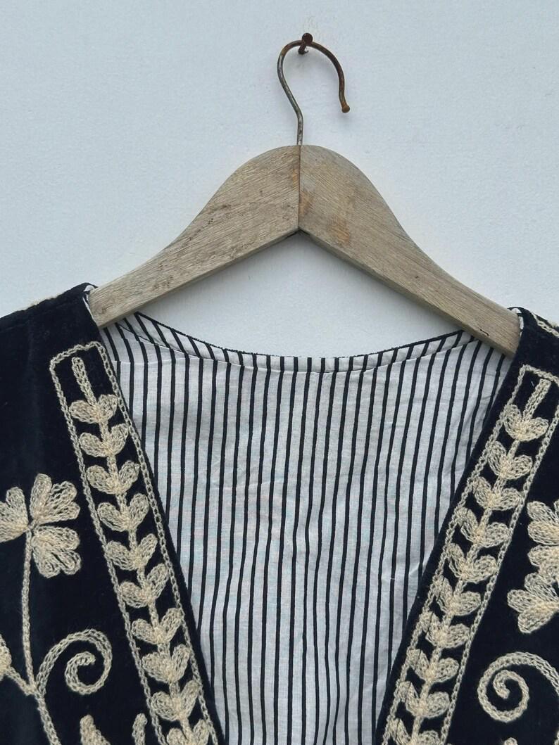 Black Velvet Suzani Vest | Embroidered Floral Boho Waistcoat, Cotton Lined Jacket Bohozani