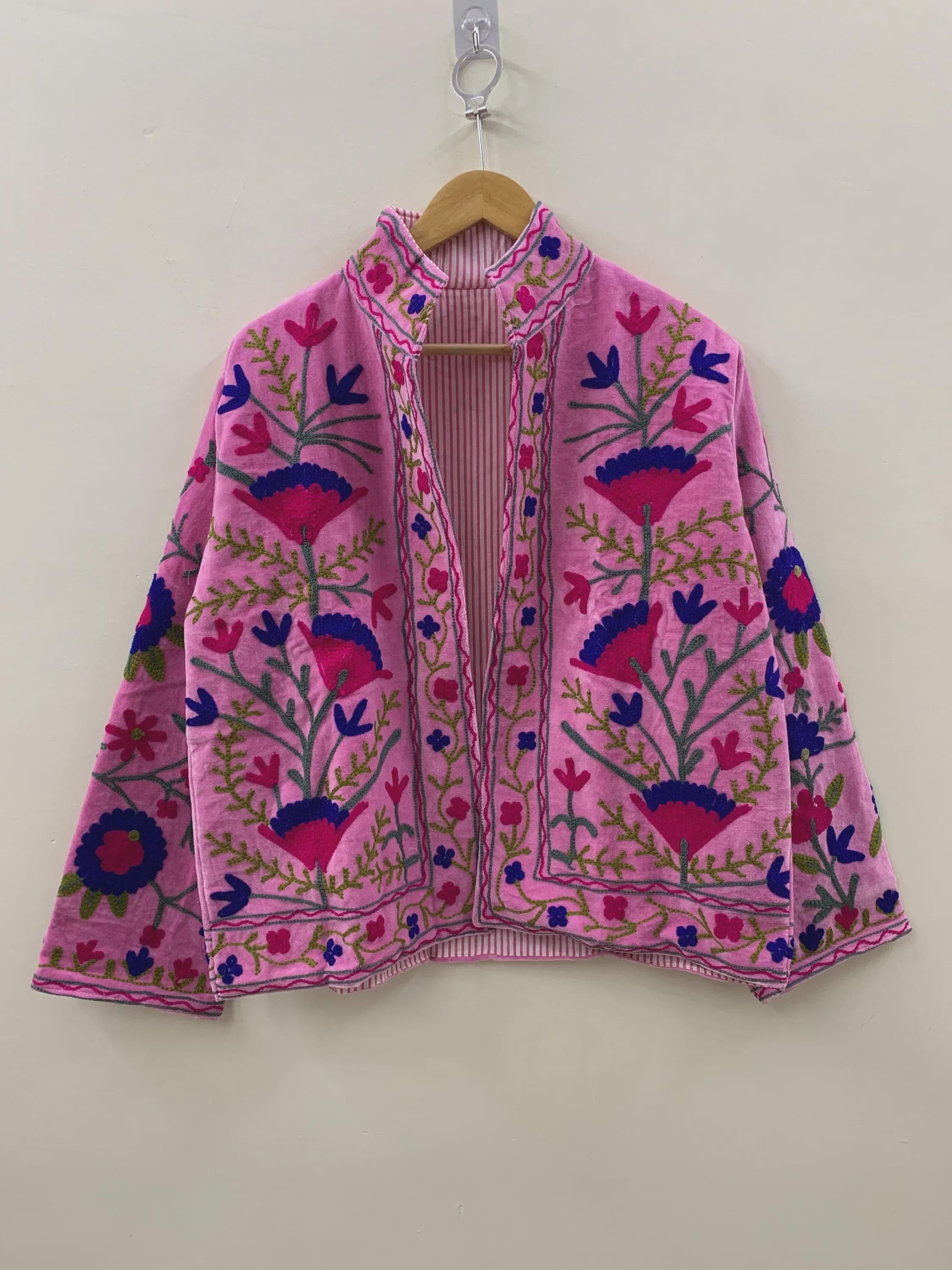 Pink Velvet Suzani Jacket: Embroidered Bohemian Floral Coat For Women Bohozani