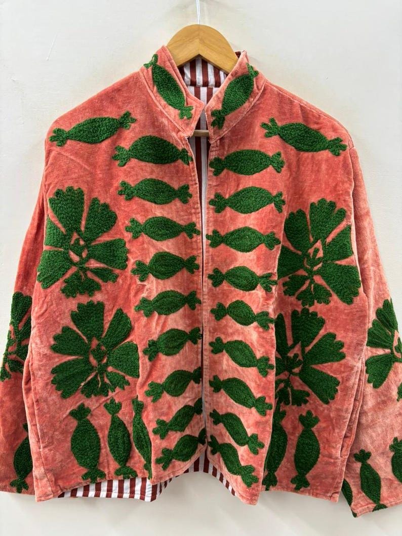 Floral Suzani Velvet Jacket, Hand Embroidered Boho Coat Bohozani