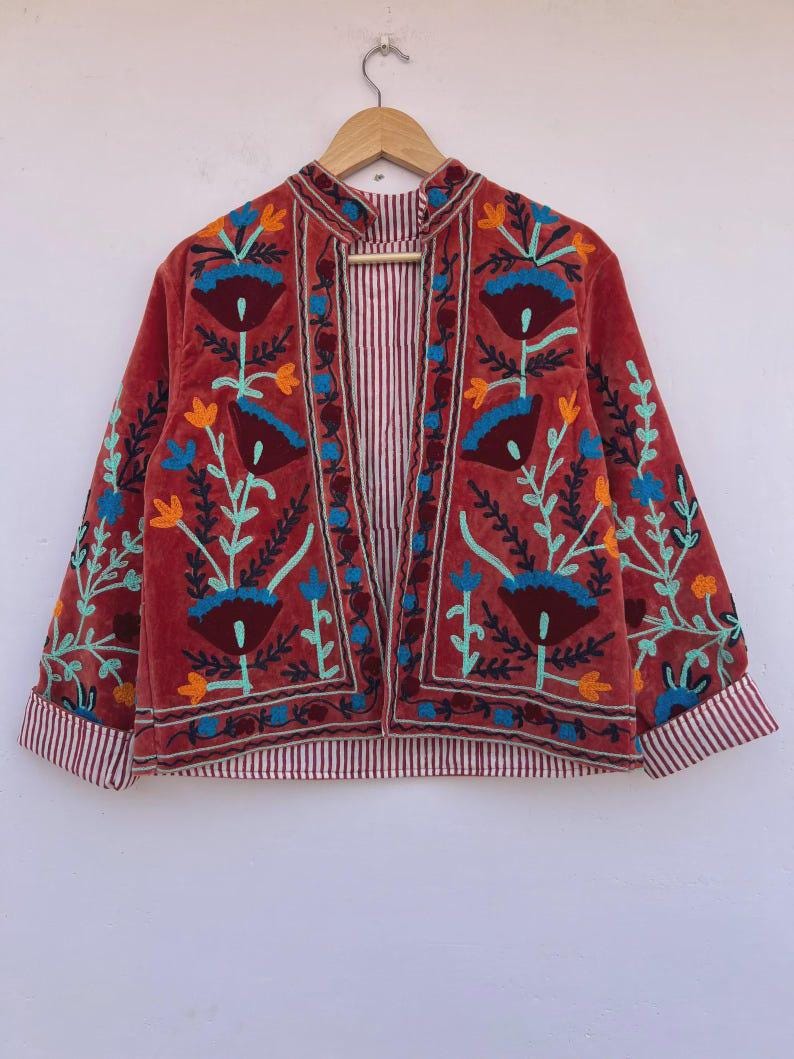 Red Hand Embroidered Velvet Suzani Coat | Uzbek Floral Boho Jacket | Gift For Her Bohozani
