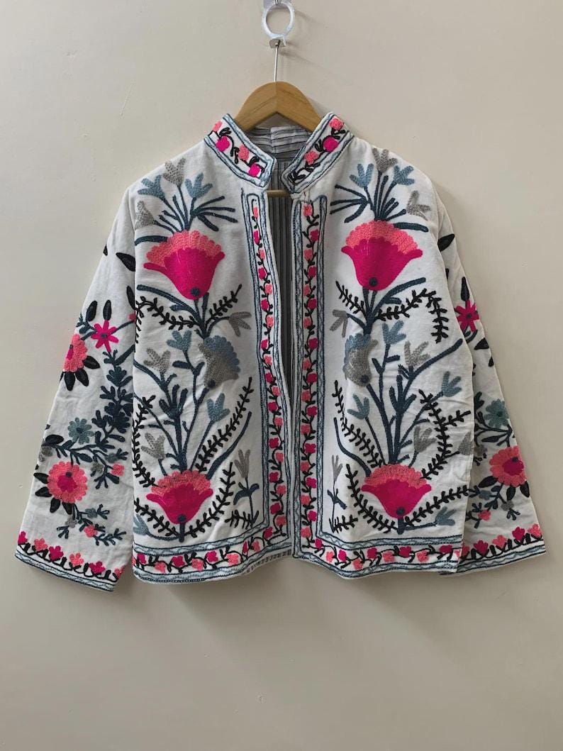 NEW COLLECTION White Hand-Embroidered Velvet Suzani Jacket – Boho Ethnic Kimono Outerwear Mother's Day Gift Bohozani