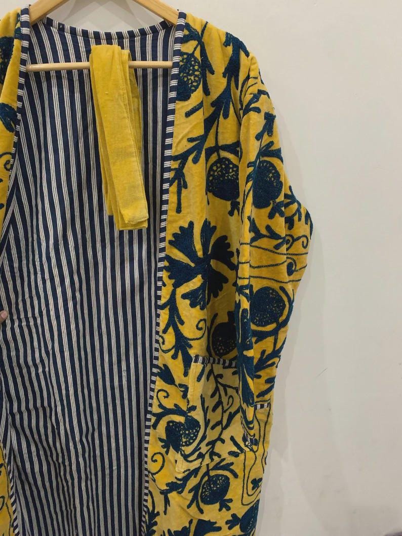 Hand-Embroidered Yellow Velvet Suzani Kimono Robe | Boho Duster Coat Bohozani