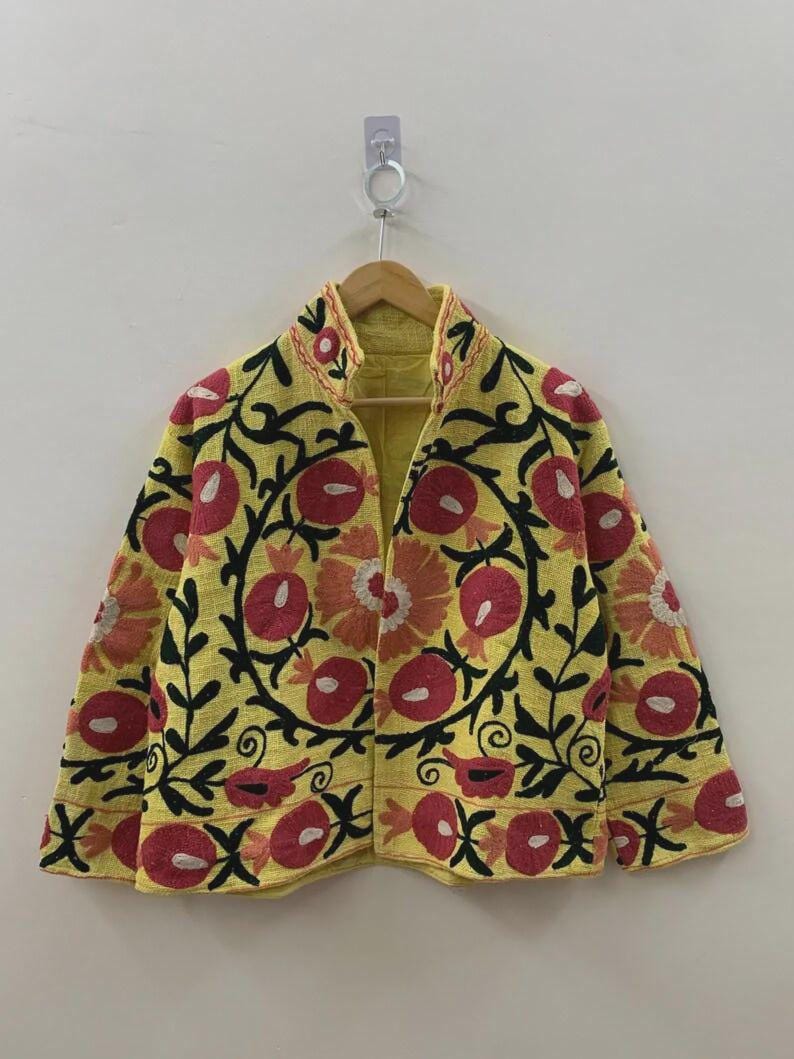 Embroidered Cotton Velvet Jacket | Floral Folk Art Suzani Duster, Bohemian Style Bohozani