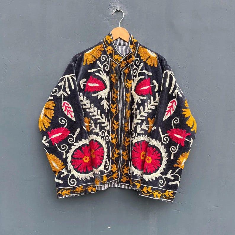 Embroidered Velvet Suzani Jacket | Handcrafted Floral Winter Coat Bohozani