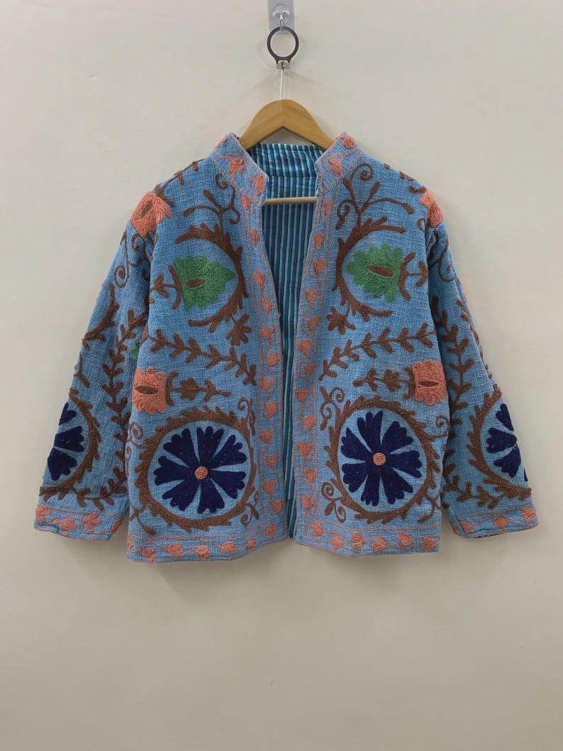 Embroidered Cotton Velvet Suzani Jacket | Boho Floral Ethnic Coat Bohozani