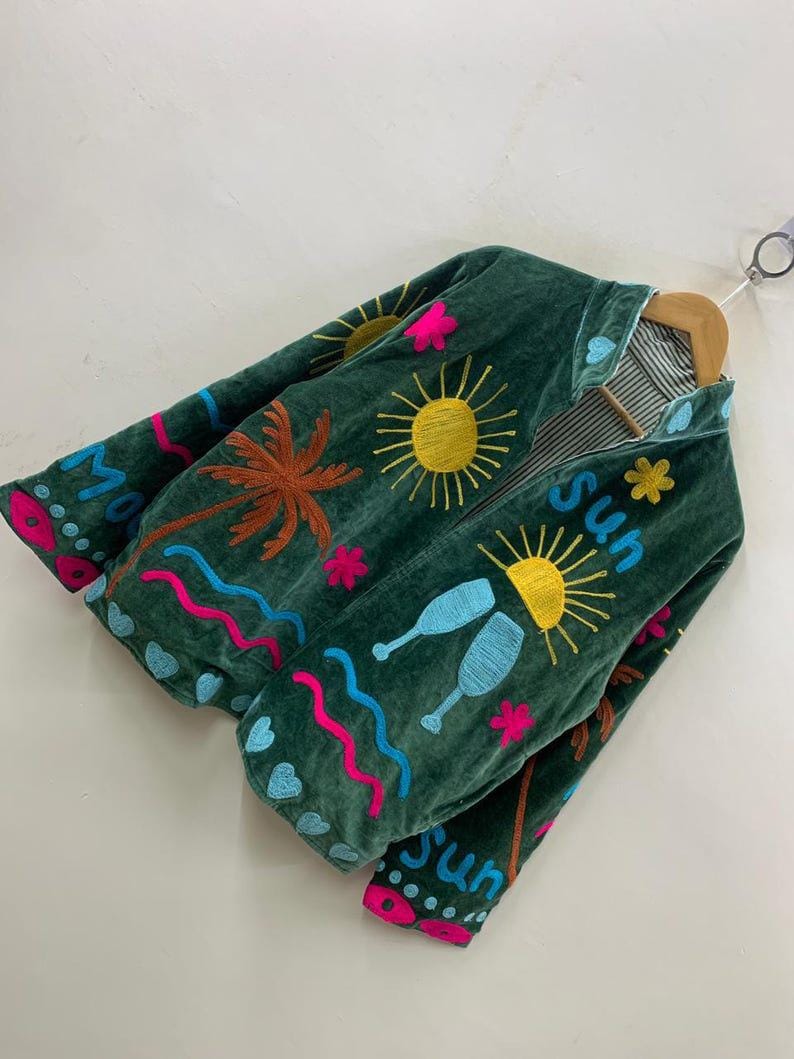 Unique Handmade Sun and Moon Velvet Suzani Embroidered Jacket Bohozani