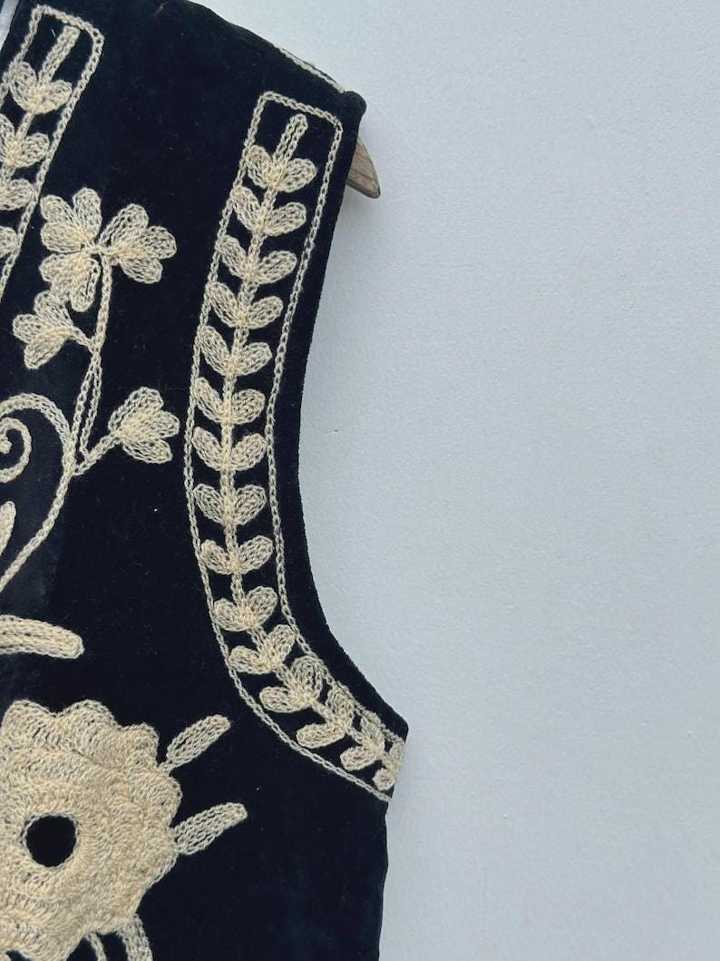 Black Velvet Suzani Vest | Embroidered Floral Boho Waistcoat, Cotton Lined Jacket Bohozani