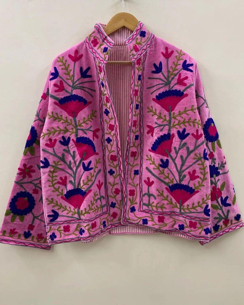 Embroidered Cotton Velvet Jacket | Floral Boho Suzani Outerwear, Ethnic Statement Piece Bohozani