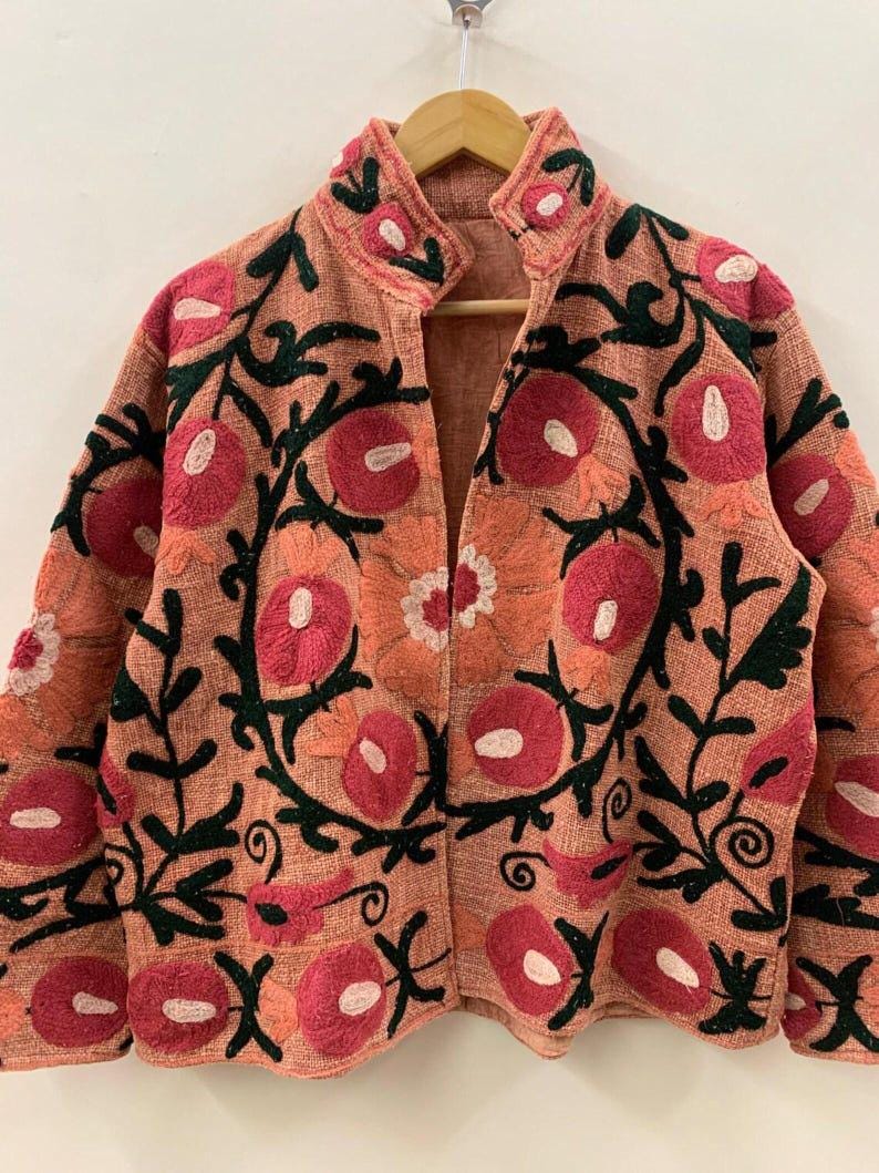 Embroidered Cotton Velvet Suzani Jacket, Floral Folk Art Boho Coat Bohozani