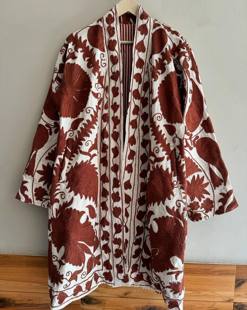Hand-Embroidered Velvet Suzani Kimono Robe | Boho Ethnic Uzbek Duster Jacket Bohozani
