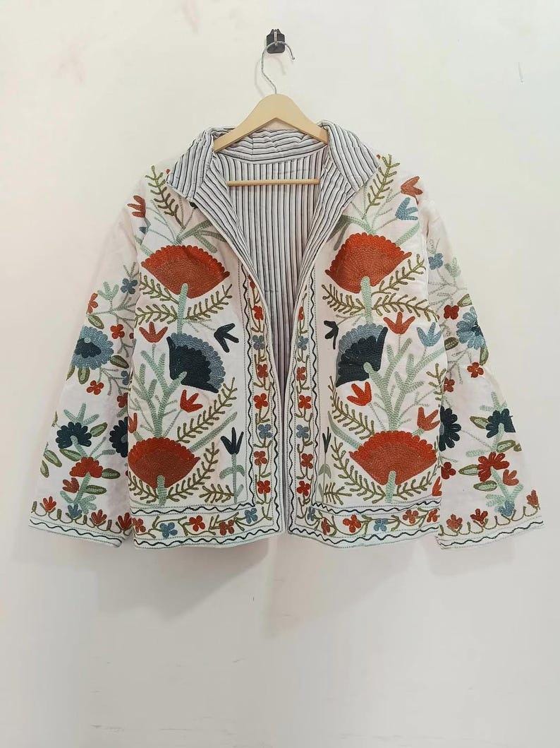 White Hand Embroidered Velvet Suzani Jacket | Boho Ethnic Coat Bohozani