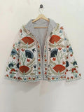 White Hand Embroidered Velvet Suzani Jacket | Boho Ethnic Coat Bohozani