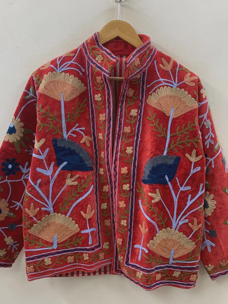 Red Velvet Suzani Jacket – Hand-Embroidered Boho Ethnic Kimono Outerwear Bohozani