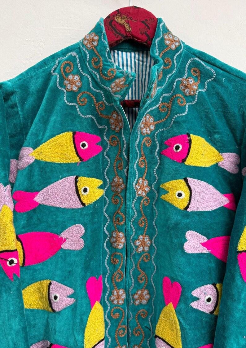Handmade Suzani Embroidery Jacket: Indian Boho Quilted Coat Bohozani
