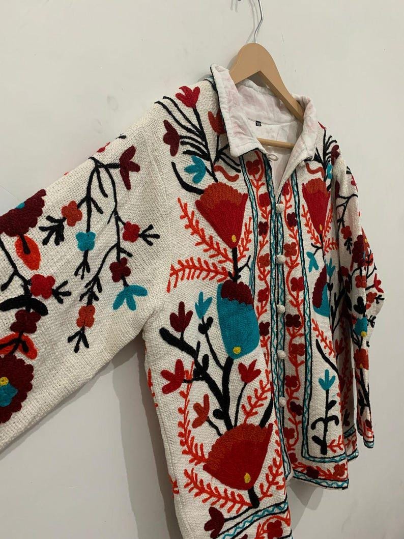 Hand Embroidered Floral Velvet Suzani Jacket, Warm Winter Coat Bohozani