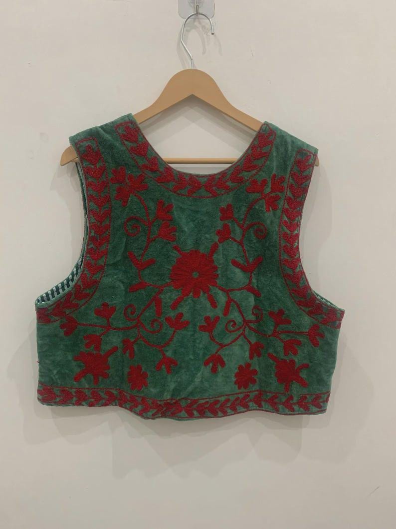 Green Suzani Velvet Vest | Hand-Embroidered Floral Sleeveless Jacket | Vintage-Inspired Festival & Statement Layer | Ethnic Waistcoat Bohozani