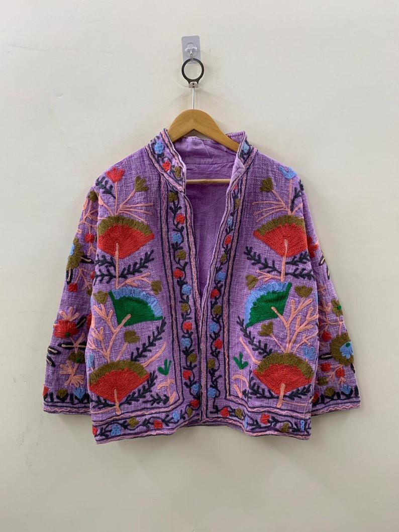Purple Cotton Velvet Suzani Embroidered Jacket | Floral Folk Art Boho Outerwear Bohozani