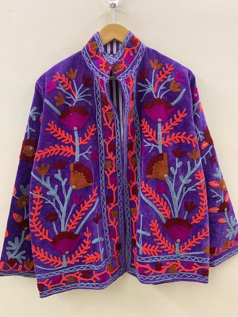 Unique Purple Color Velvet Suzani Jacket – Hand-Embroidered Boho Ethnic Kimono Outerwear Bohozani