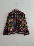 Velvet Suzani Embroidered Cropped Jacket, Boho Floral Ethnic Coat Bohozani