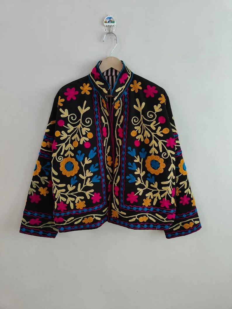 Velvet Suzani Embroidered Cropped Jacket, Boho Floral Ethnic Coat Bohozani