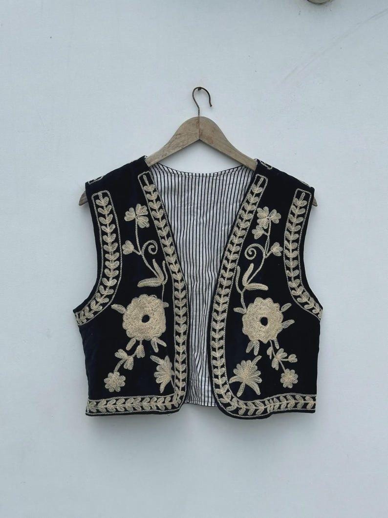 Black Velvet Suzani Vest | Embroidered Floral Boho Waistcoat, Cotton Lined Jacket Bohozani