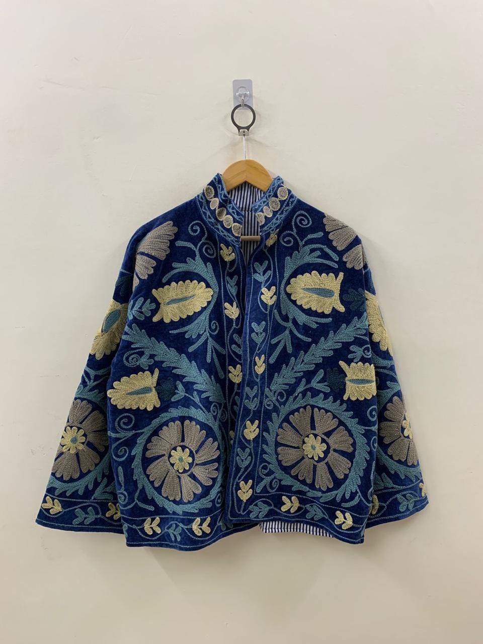 Antique Blue Color Velvet Suzani Jacket – Hand-Embroidered Boho Ethnic Kimono Outerwear Bohozani