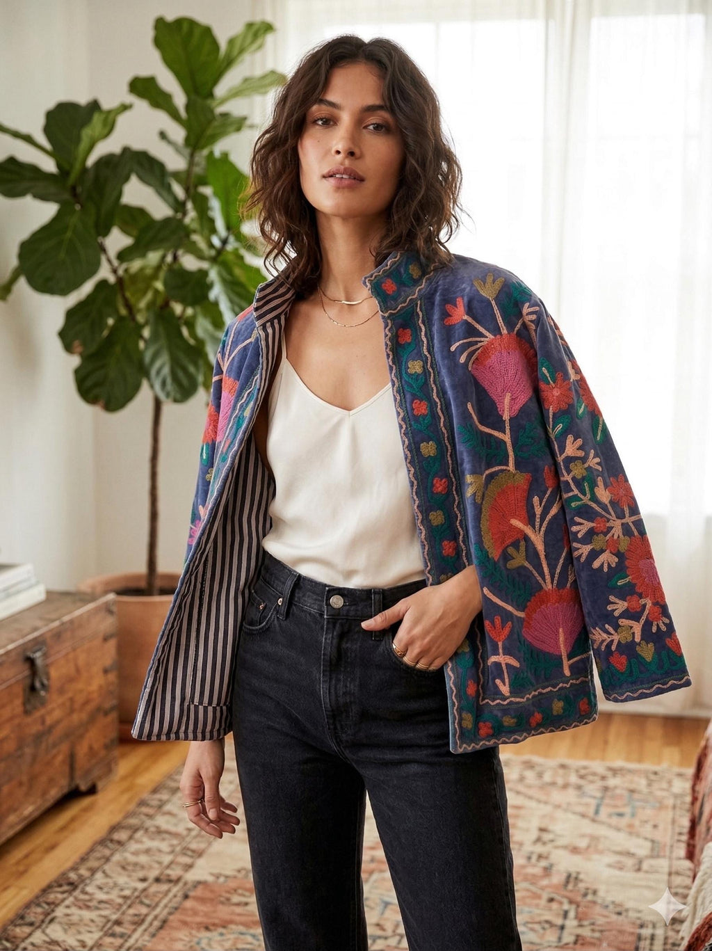 Velvet Suzani Jacket – Hand-Embroidered Boho Ethnic Kimono Outerwear Bohozani