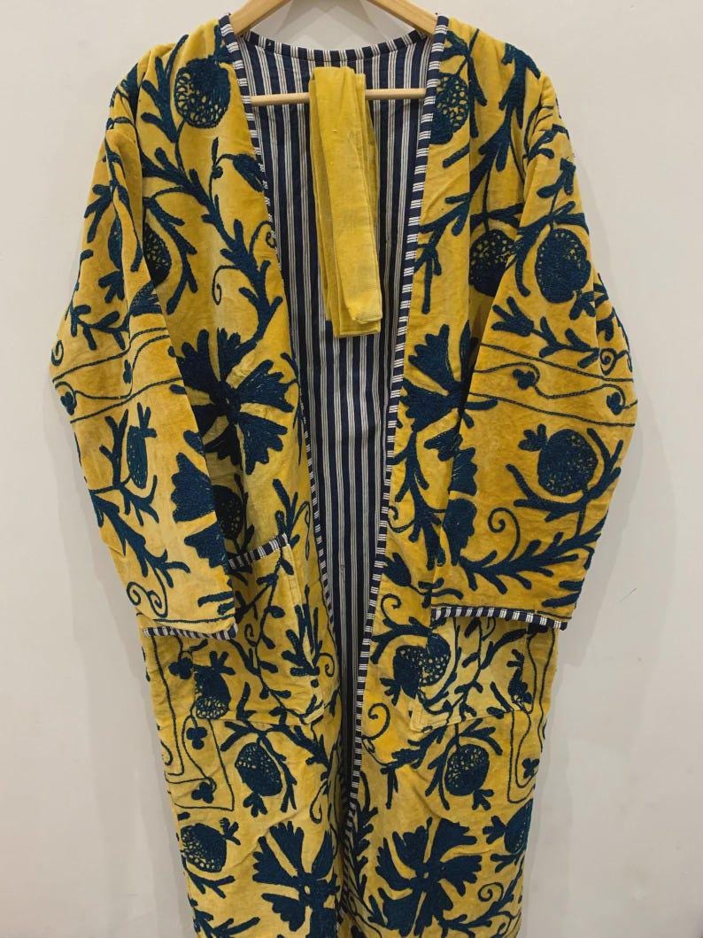 Hand-Embroidered Yellow Velvet Suzani Kimono Robe | Boho Duster Coat Bohozani