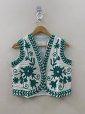 White Cotton Suzani Embroidered Vest | Bohemian Festival Jacket | Handmade Indian Waistcoat Bohozani