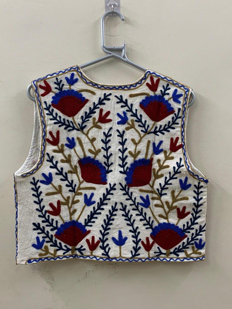 Suzani Embroidered Velvet Vest: Boho Floral Waistcoat, Cotton Lined Jacket Bohozani