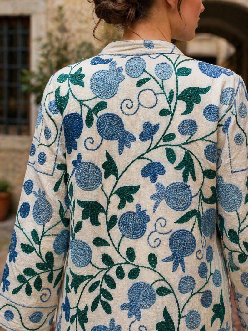 Hand Embroidered Suzani Kaftan – Organic Cotton Boho Kimono Coat Bohozani