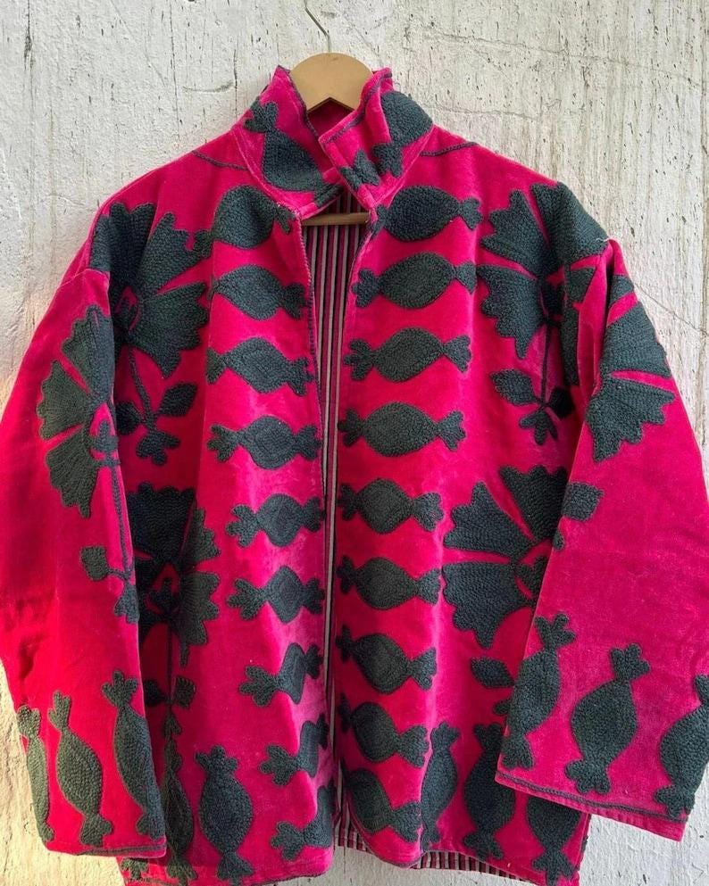 Pink Velvet Suzani Duster Jacket | Embroidered Uzbek Coat Bohozani