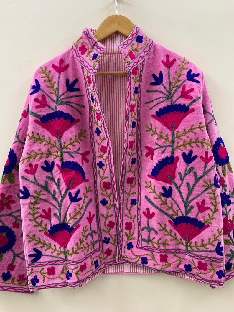 Unique Handmade Floral Pink Velvet Suzani Embroidered Jacket Bohozani
