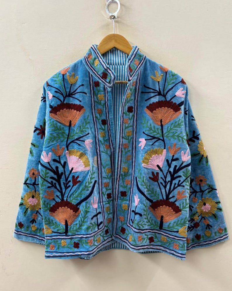 Sky Blue Handmade Floral Red Velvet Suzani Embroidered Jacket Bohozani