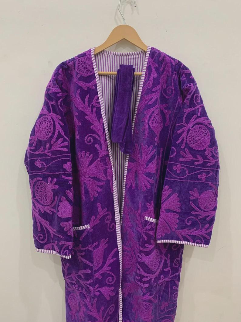 Hand-Embroidered Velvet Suzani Kimono Robe | Boho Floral Uzbek Duster Jacket Bohozani