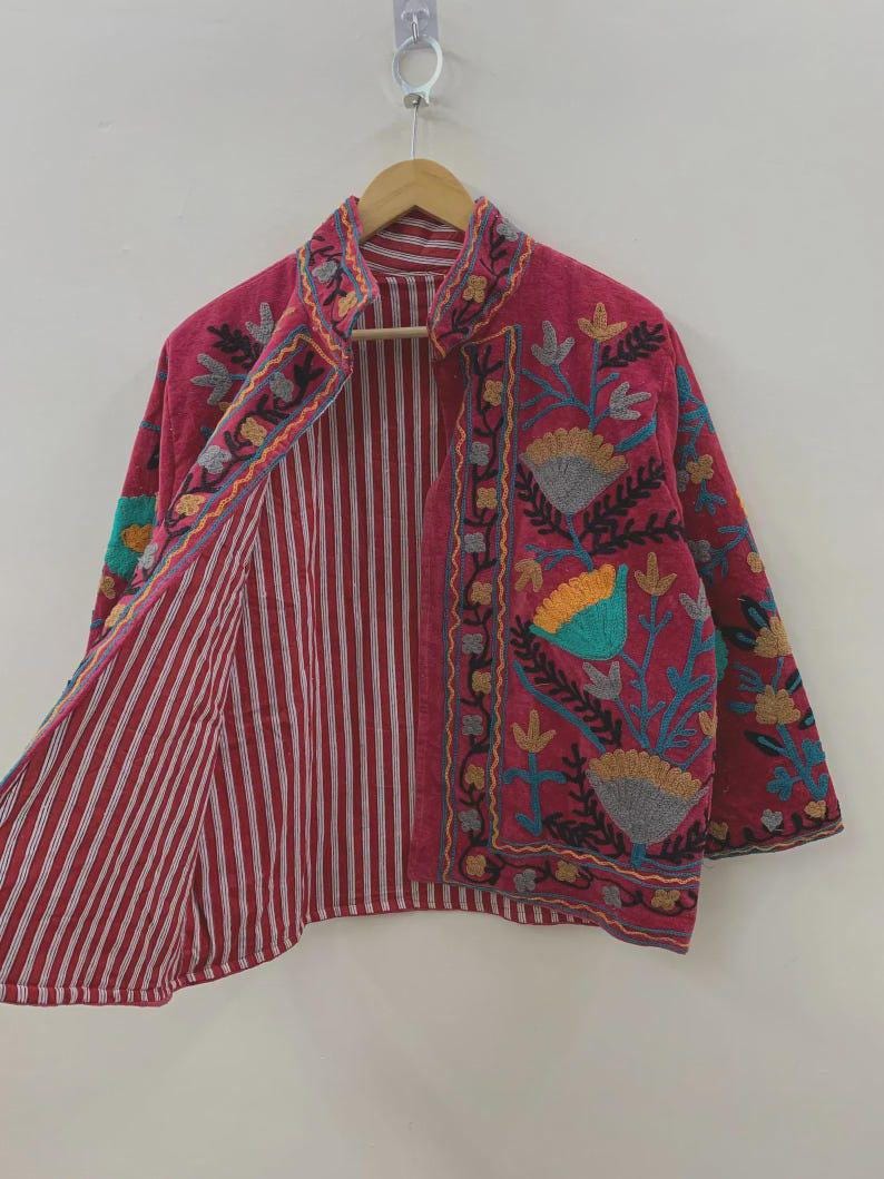 Embroidered Velvet Cropped Jacket | Colorful Suzani Floral Outerwear Bohozani